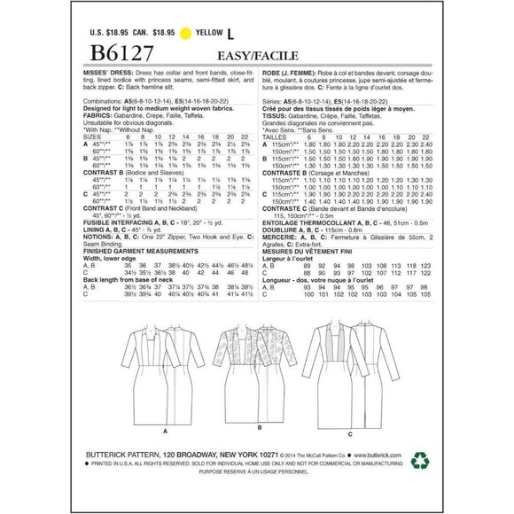 Butterick Sewing Pattern 6127 Dress Misses Size 6-14 - Picture 2 of 3